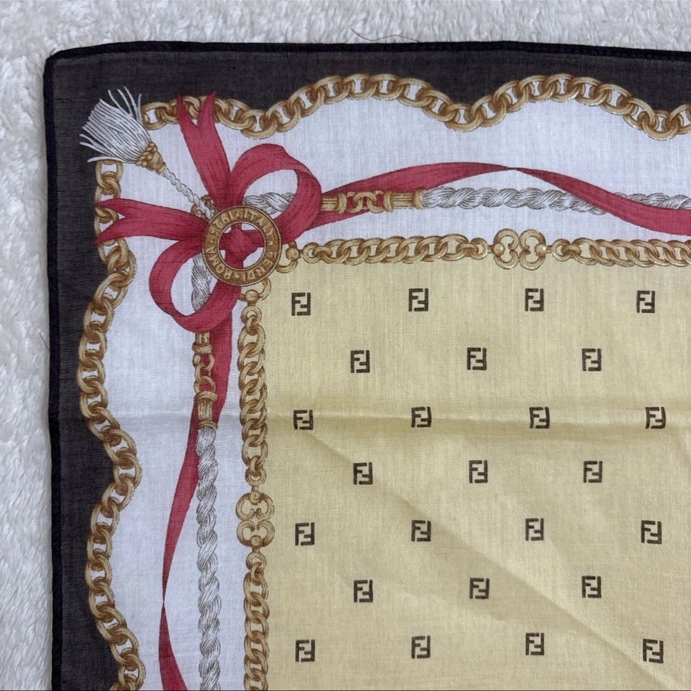 FENDI Cotton Scarf 17inches Chain Ribbon Logo Border Elegant - Picture 2 of 9